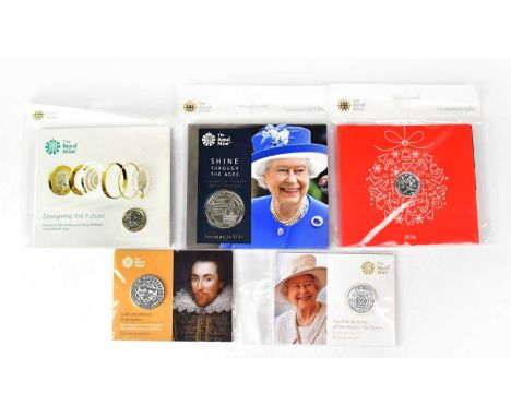 THE ROYAL MINT; five packaged coins comprising 'The 90th Birthday of her Majesty the Queen Fine Silver £20', The Shakespeare 