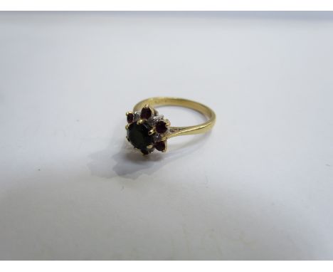 A gold diamond, ruby and green tourmaline cluster ring stamped 8ct. Size S, 4.3g