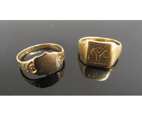 A 9ct gold signet ring (worn) Size H, 1.5g and another unmarked. Size H, 4.2g