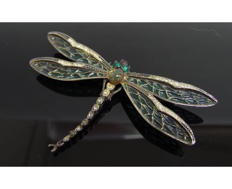 A silver plique-a-jour enamel dragonfly brooch, 7cm wide