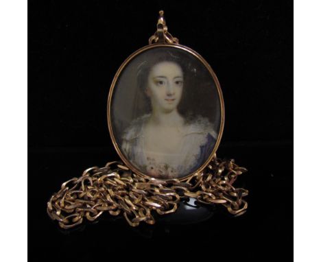 A miniature oval portrait of Mary Duchess of Norfolk 1759, engraved to back, 4.5cm x 3.8cm hung on 9ct gold chain, 60cm long,