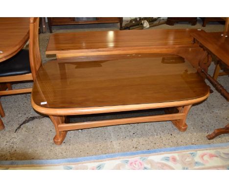 NEW ZEALAND RIMU WOOD COFFEE TABLE WITH SMOKED GLASS COVER AND GLASS LOWER SHELF , 138CM WIDE