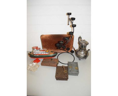 BOX OF VARIOUS MIXED ITEMS TO INCLUDE SILVER PLATED TEA POT, NEPTUNE BATTERY OPERATED TOY BOAT, VINTAGE DOOR LOCKS ETC