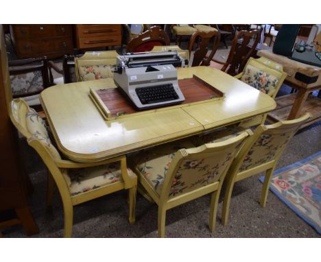 LIGHT FINISH TWIN PEDESTAL DINING TABLE AND SIX FLORAL UPHOSTERED CHAIRS, TABLE 160CM WIDE UNEXTENDED