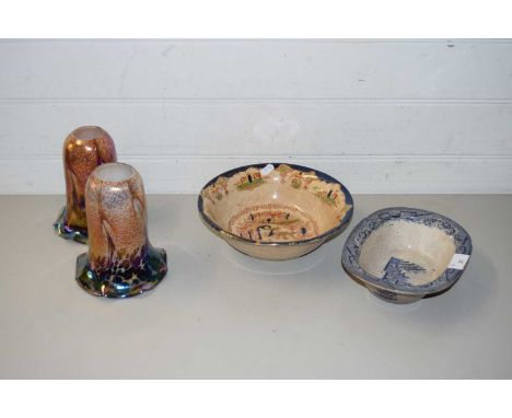 TWO IRIDESCENT GLASS LIGHT SHADES AND TWO DECORATED BOWLS (4)