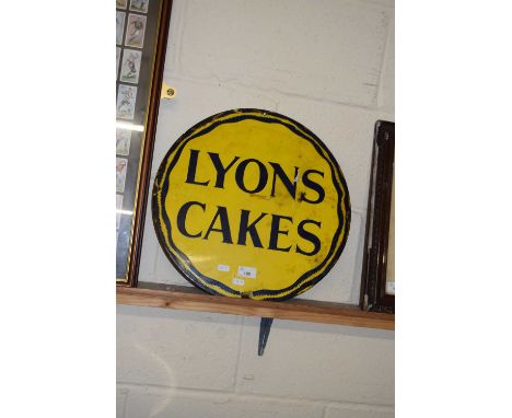 VINTAGE ENAMEL SIGN ADVERTISING 'LYONS CAKES', 43CM DIAM