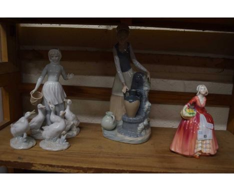 ROYAL DOULTON FIGURINE 'JANET', TOGETHER WITH A FURTHER NAO FIGURINE PLUS A FURTHER LLADRO STYLE FIGURINE WITH DUCKS AND TWO 