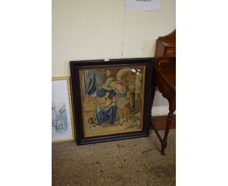 VICTORIAN TAPESTRY PICTURE, INTERIOR SCENE WITH OLD WOMAN AND CHILD, F/G, 85CM HIGH