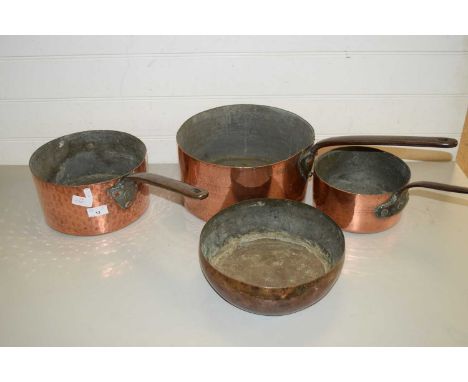 THREE VINTAGE COPPER SAUCEPANS AND A FURTHER COPPER PAN (4)