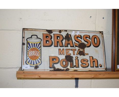 VINTAGE ENAMEL SIGN ADVERTISING 'BRASSO METAL POLISH', 50CM WIDE (A/F)