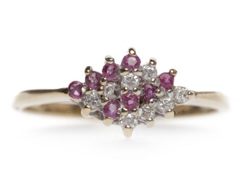 NINE CARAT GOLD DIAMOND AND RUBY RINGthe rhombic bezel formed by pink gems and round diamonds, size L, 1.6g