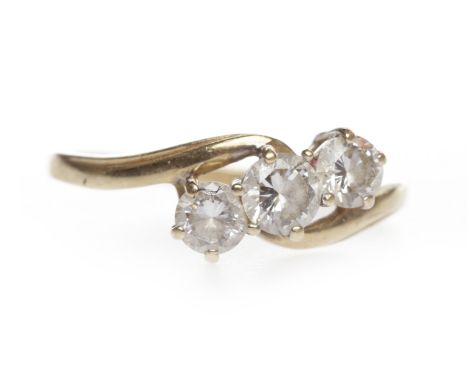 CZ THREE STONE RINGset with three round CZs in a twist setting, each approximately 4mm diameter, in nine carat gold, size R-S