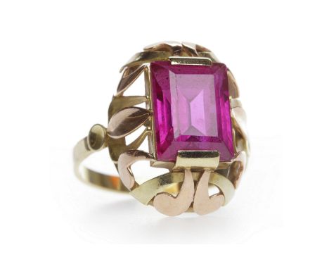CREATED RUBY SET DRESS RINGset with a single emerald cut created ruby, pierced gallery, unmarked, size S