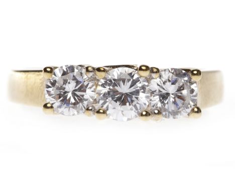 NINE CARAT GOLD CZ THREE STONE RINGset with round stones, size R, 3.9g