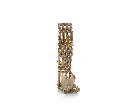 NINE CARAT GOLD GATE LINK BRACELETwith engraved circular sections, the heart padlock stamped 9ct, 16.2g