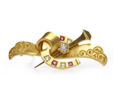 VICTORIAN DIAMOND AND CREATED RUBY SET BROOCHformed by a curved bar with overlaid canetille decoration to the terminals, with