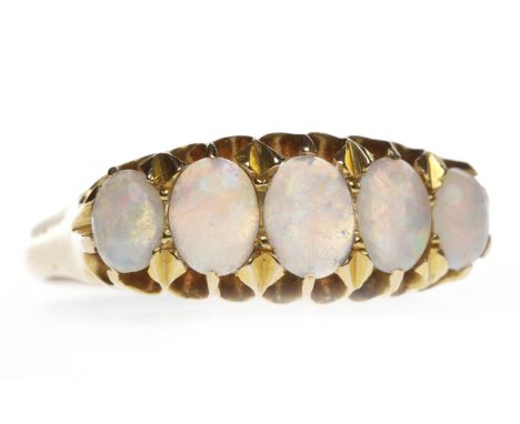 EARLY TWENTIETH CENTURY OPAL FIVE STONE RINGset with graduated oval opals, the central opal 5.5mm long, maker's mark G&S, siz