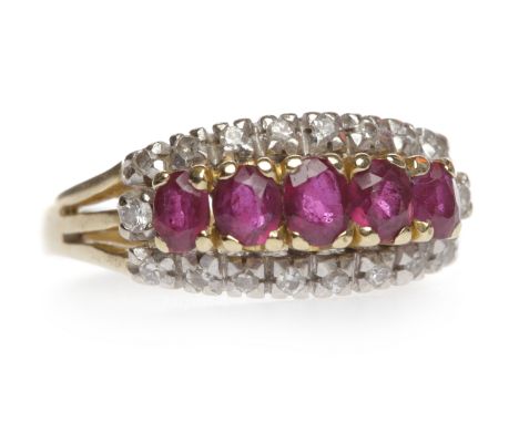 FOURTEEN CARAT GOLD CREATED RUBY AND DIAMOND RINGset with a central row of graduated created rubies surrounded by diamonds, o