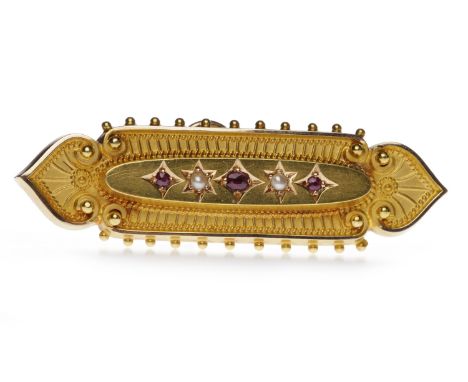VICTORIAN FIFTEEN CARAT GOLD RUBY AND PEARL BROOCHset with three rubies and two split pearls, all star set, 47mm long, 4.7g
