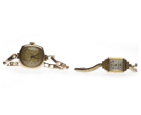 TWO LADY'S EARLY TWENTIETH CENTURY NINE CARAT GOLD MANUAL WIND WRIST WATCHESone with a round dial with Arabic numerals in bla