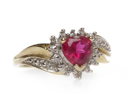 NINE CARAT GOLD CREATED RUBY DRESS RINGset with a single heart shaped created ruby surrounded by diamonds, on diamond shoulde