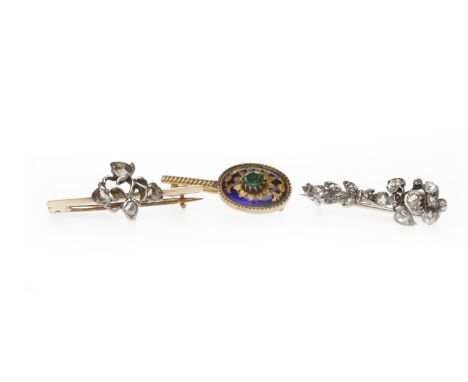 TWO NINETEENTH CENTURY DIAMOND BROOCHESone in the form of a floral spray to a bar, unmarked, 24mm long, the other with a cent