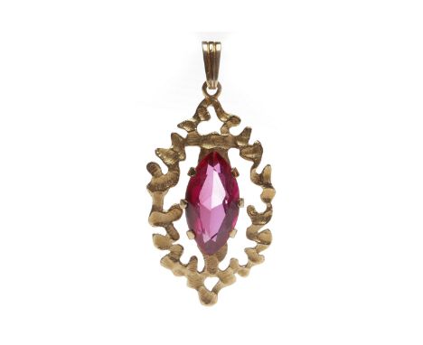 NINE CARAT GOLD CREATED RUBY SET PENDANT1970s, set with a single marquise shaped created ruby in an oval textured openwork se