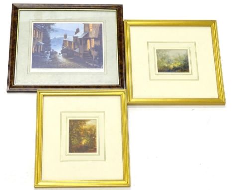 M Sarkains. Landscape, watercolour, with in sizing, 8cm x 10cm, another similar depicting a forest type scene, and a print si