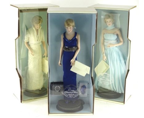 Three Franklin Mint Lady Diana Spencer &amp; Princess of Wales porcelain portrait dolls, all in original boxes with undisturb