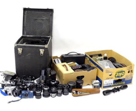 A large quantity of camera equipment, to include Chinon, Petri, Zenit, various lenses, accessories, etc.