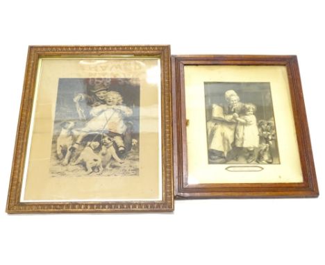 After Arthur Elsley. Children playing with Jack Russel's, monochrome print, 39cm x 27cm, and another similar, titled Divided 