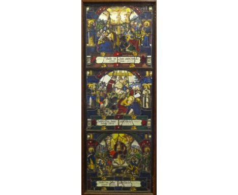 Three 17thC Swiss rectangular stained glass panels by Jacob Wegmann of Lucerne, each depicting scenes from the crucifixion, t