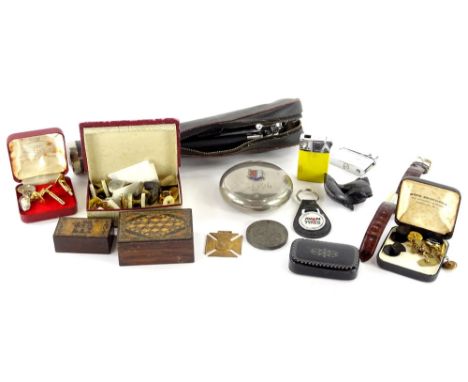 Miscellaneous items, to include a Tunbridge ware small box and cover, another similar box with parquetry decoration, miniatur
