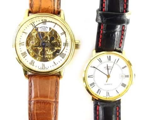 Two modern Rotary gent's wristwatches, to include one with openwork movement, in box, and another of plain design, in box, ea