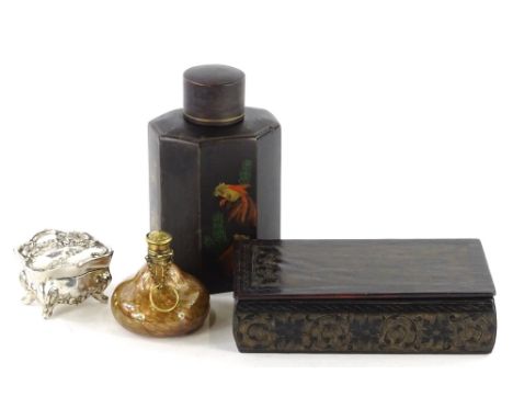 A decorative glass scent bottle with brass mounts and glitter inclusions, an Art Nouveau silver plated trinket box, an orient