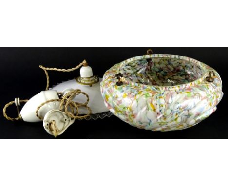 An early 20thC rise and fall light fitting, with white opaque glass shade and ceramic weight, etc., and a marble effect glass