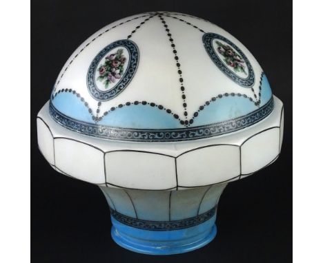 An Edwardian opaque glass plafonnier or ceiling light shade, printed with flowers, within beaded borders, approx. 27cm H.