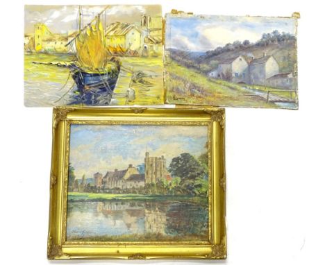 J Cassell Hutchinson. Stokesay Castle, Shropshire, oil on board, 24cm x 29cm, a small oil sketch signed E Lancaster, and a co