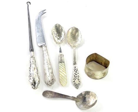 Various small silver, etc., to include a D shaped napkin ring, a damaged spoon, caddy spoon, button hook with steel blade, et