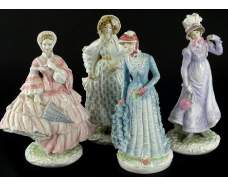 Four Royal Worcester porcelain figurines, from the Walking Out Dresses of the 19thC series, The Bustle, The Regency, The Roma