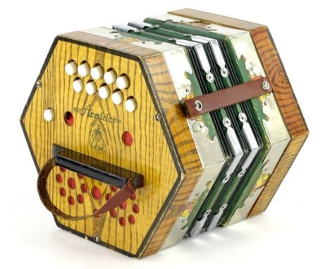 An Araldo German accordion or squeeze box, in simulated ash with chrome plated mounts, etc., 20cm W.