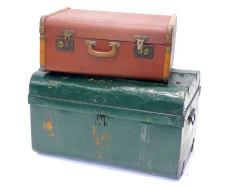 A green painted tin trunk, and a canvas and wood trunk. (2)