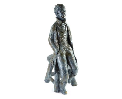 20thC French School. Studio pottery sculpture of a gentleman seated on a stool with loose head section, 68cm H overall.