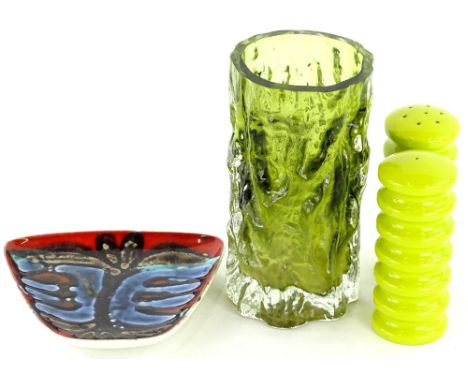 A Whitefriars green stylised bark glass vase, 19cm H, a Poole dish and a Carltonware cruet.