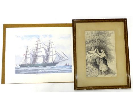 After J Severn. Lady with child beside a tree, 19thC monochrome engraving, 35cm x 23cm, and a print after John Gardener of th