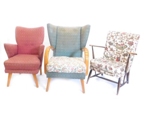 A collection of retro style chairs, to include a wing back open armchair, with beech arms, a 1950s armchair with original uph