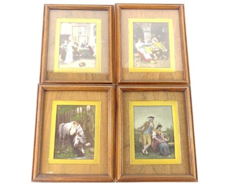 Miscellaneous prints onto glass or porcelain, each after an Old Master, hand tinted, 14cm x 10cm. (4)