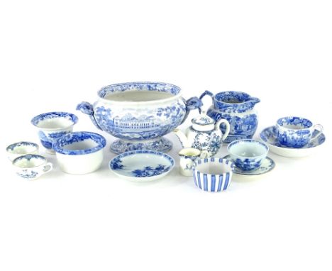 A collection of blue and white printed pottery, to include a small tureen decorated with a country house and deer, Spoke cups