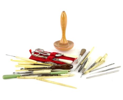 Various ivory bone and silver mounted button hooks, part from manicures sets, etc.