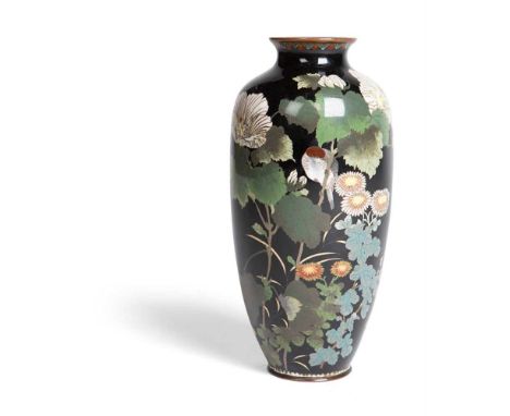 JAPANESE CLOISONNÉ ENAMEL 'FLORAL' VASE MEIJI PERIOD finely decorated around the body with a bird perching in a dense floweri